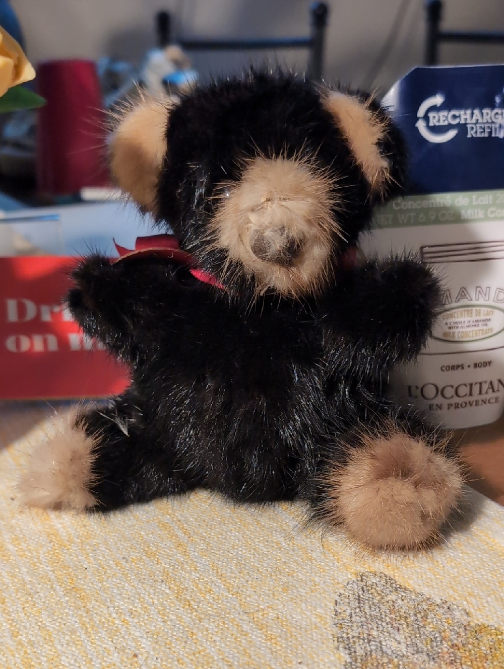 Small Black and Tan Plush Mink Teddy Bear with Red Ribbon Authentication Number